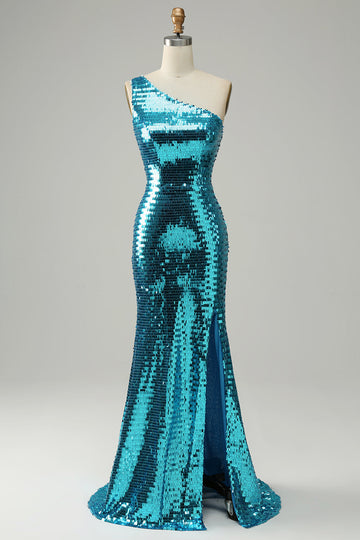 Sparkly Blue Sequins One Shoulder Long Prom Dress con spacco